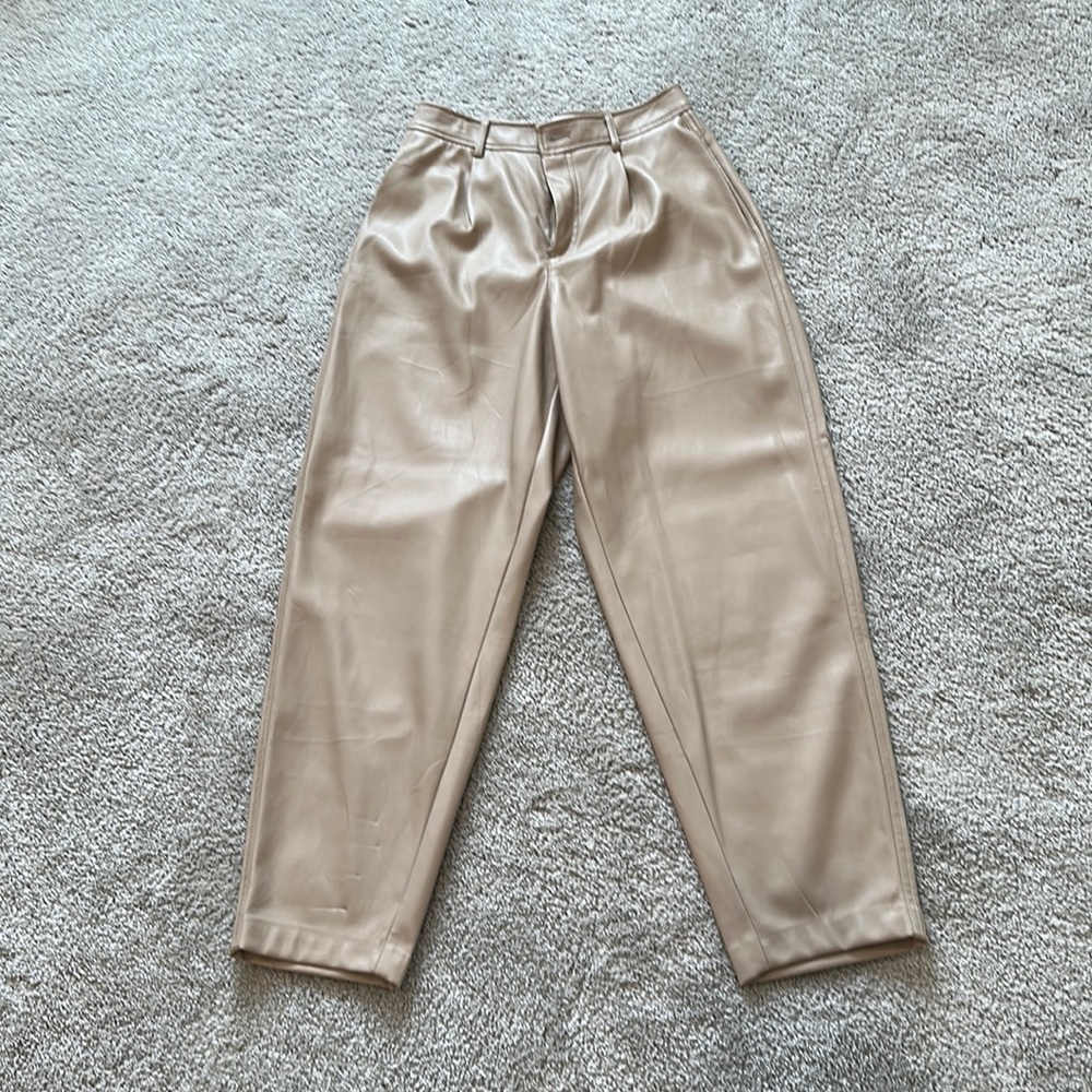 Mango Faux Leather High-Waist Tapered Pants in Beige